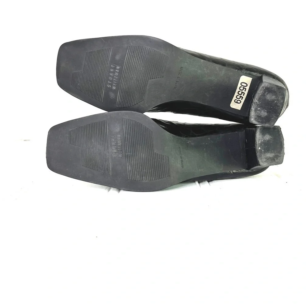 Stuart Weitzman black leather block heels square toe vintage animal prints 8.5 - Picture 6 of 14